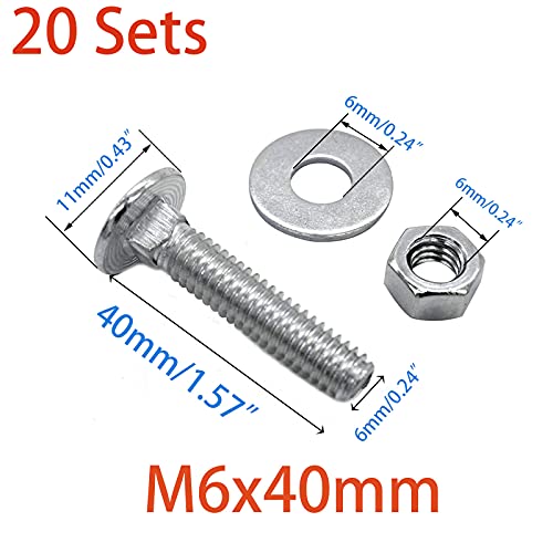 20 Sets Long Square-Neck Carriage Bolts Set,Carriage Bolts Set w/Nuts & Flat Washers,Zinc-Plated,Carbon Steel Grade 4.8,Plain Finish,Fully Threaded(M6-1.0X40mm) - size: M6-1.0X40mm（20 Sets）