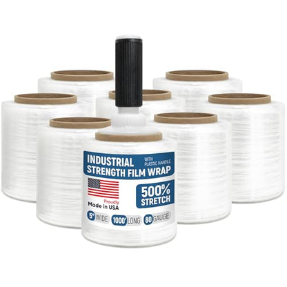 5” x 1000’ Stretch Wrap Mini 8 Rolls with Handle – Clear Plastic Stretch Film 80 Gauge, 500% Elongation, Heavy Duty Shrink Wrap for Moving, Packing & Shipping - style: Pack of 8