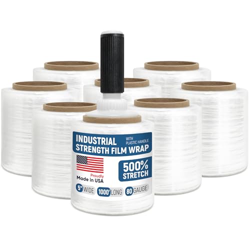 5” x 1000’ Stretch Wrap Mini 8 Rolls with Handle – Clear Plastic Stretch Film 80 Gauge, 500% Elongation, Heavy Duty Shrink Wrap for Moving, Packing & Shipping - style: Pack of 8