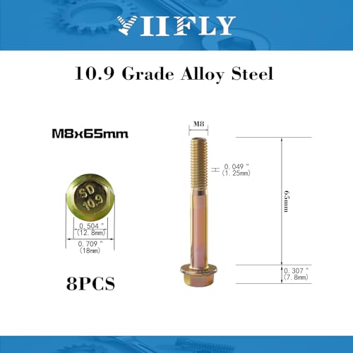 M8 x 65mm Flanged Hex Head Bolts, M8x1.25 Pitch, Grade 10.9 Alloy Steel, Color Zinc Plated, Half Thread, 8 Pack - size: M8 x 65mm(8PCS)