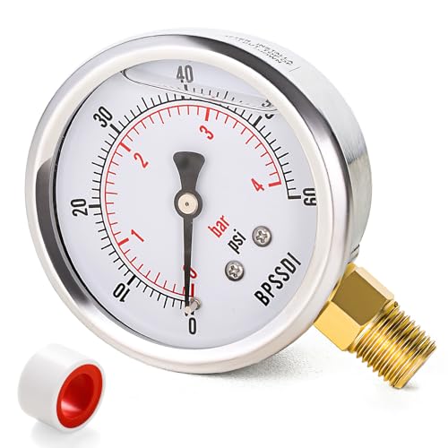 0-60 Psi Glycerin Liquid Filled Low Pressure Gauge, 2.5" Dial Size, 1/4" NPT Lower Mount, 304 Stainless Steel Case, for Water Oil Air Pressure Test, Refrigeration Systems(Such as Evaporators) - size: 0-60 psi, style: Lower Mount