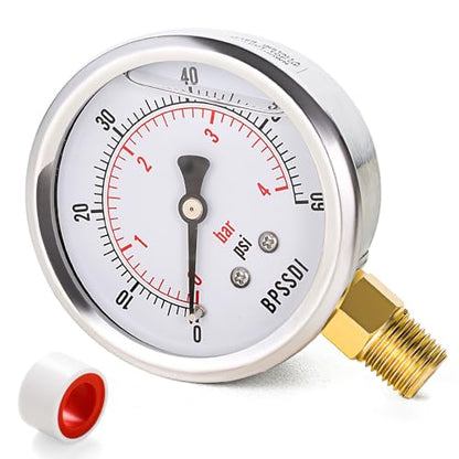0-60 Psi Glycerin Liquid Filled Low Pressure Gauge, 2.5" Dial Size, 1/4" NPT Lower Mount, 304 Stainless Steel Case, for Water Oil Air Pressure Test, Refrigeration Systems(Such as Evaporators) - size: 0-60 psi, style: Lower Mount