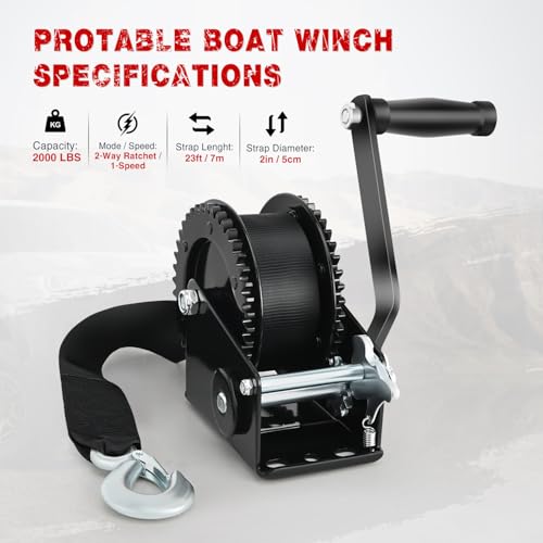 Nilight Boat Trailer Winch 2000 Lbs Hand Crank Winch Heavy Duty Boat Winches with 23Ft Strap Rope Hook 2-Way Ratchet 4:1 Gear Portable Marine Manual Winch for Trailers Boats RV ATV Jet Ski Towing - color: Black, size: 2000 lbs