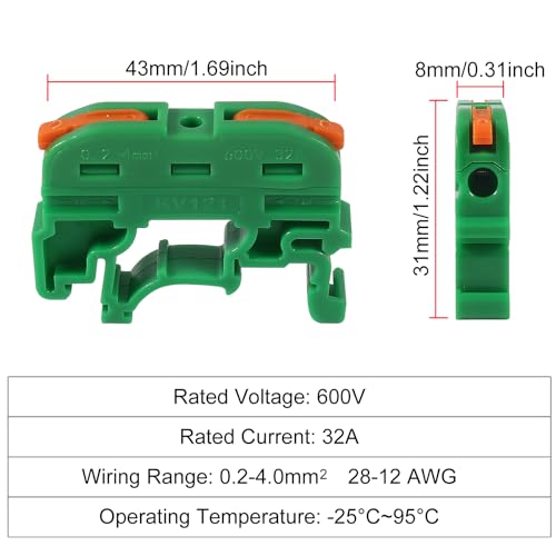 20pcs DIN Rail Terminal Blocks, Compact Wire Conductor Wiring Connectors for 24-12 AWG (Green) - color: Green