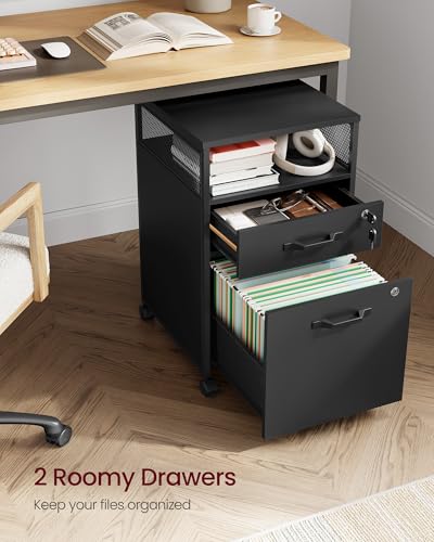 VASAGLE 2 Drawer File Cabinet with Lock, Rolling Printer Stand - color: Ink Black, size: with Lock and Fences