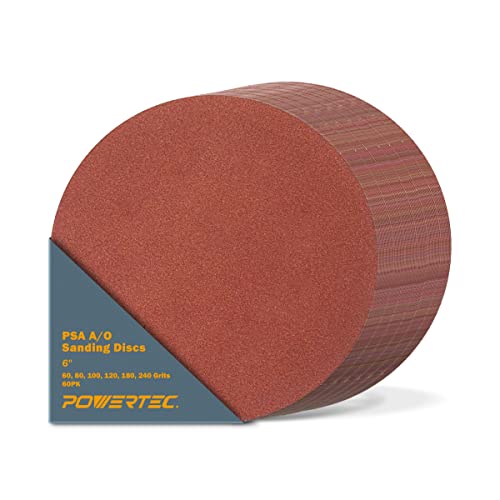 POWERTEC 60 PCS 6 Inch PSA Sanding Disc - 10 Each of 60 80 100 120 180 240 Grits - Assorted Self Adhesive Sandpaper for Drywall, Woodworking, Epoxy with Random Orbital Sanders, DA Sanders (110261)