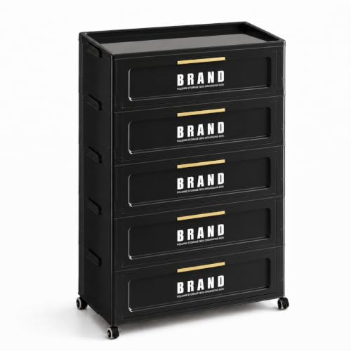 300QT Foldable Storage Cabinet with Doors and Locking Wheels, 5-Tier Heavy-Duty ABS Rolling Organizer, No-Tool Assembly for Pantry, Laundry Room, Dorm and Garage - color: Black