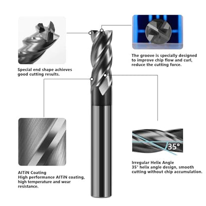 5pcs 1/8" Carbide Square End Mill Bits Set for Alloy Stees/Hardened Steels,Hrc55 Micro Grain Carbide Milling Cutter 4Flute CNC Router Bits with AlTiN Coating - size: 1/8 in