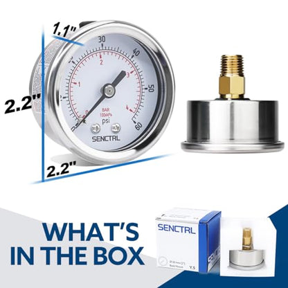 SENCTRL 0-60 Psi Low Pressure Gauge, 1/4 NPT Back Mount - size: 0-60Psi, style: Back Mount