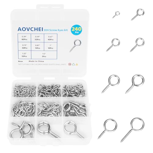 Aovchei 240pcs 304 Stainless Steel 8 Sizes Screw Eyes Set - color: 304, size: 8 Size 240pcs