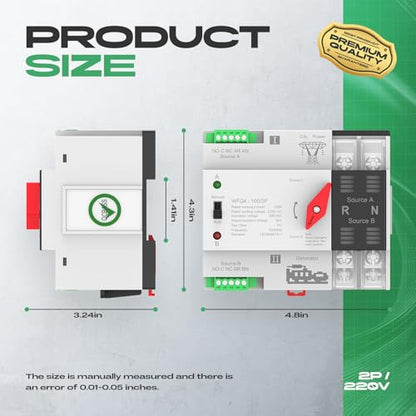 Automatic Transfer Switch 100A AC 220V, Dual Power ATS 2P Automatic/Manual Transfer Switch din Rail mounting for Home Generator, RV，Public/Backup Power Supply - size: Automatic Transfer Switch 2P 220V