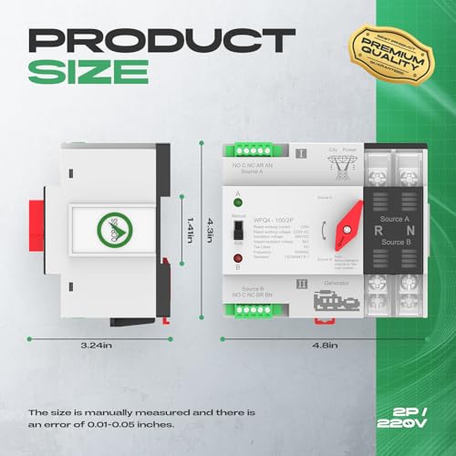 Automatic Transfer Switch 100A AC 220V, Dual Power ATS 2P Automatic/Manual Transfer Switch din Rail mounting for Home Generator, RV，Public/Backup Power Supply - size: Automatic Transfer Switch 2P 220V