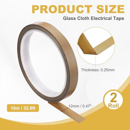 uxcell 2Roll High Temperature PTFE Heat Shield Tape 1/2"x32.8ft Glass Cloth - size: 1/2" x 32.8ft x 0.25mm Thick