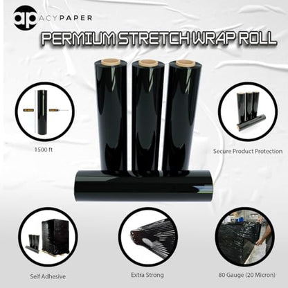 18" Black Stretch Wrap - 1500 Feet, 4 Rolls/Box, 80 Gauge | Durable Industrial Pallet Wrap for Moving, Packing, and Storage by ACYPAPER