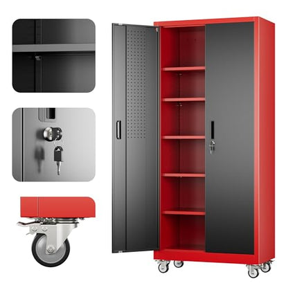 Reemoon 71"H Metal Garage Storage Cabinet,Tool Cabinet with Wheels,Pegboard - color: Red-black, size: 16"D x 32"W x 71"H