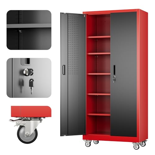 Reemoon 71"H Metal Garage Storage Cabinet,Tool Cabinet with Wheels,Pegboard - color: Red-black, size: 16"D x 32"W x 71"H