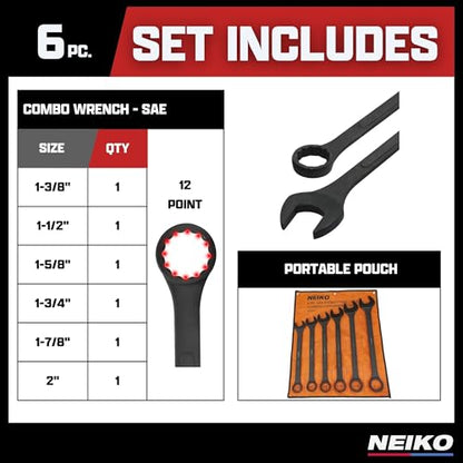 Neiko 03125A Heavy Duty Wrench Set | 6 Piece | SAE | 12-Pt Combination Box Ends - size: 6 Piece, style: SAE