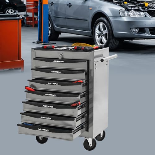 7-Drawers Steel Rolling Tool Cart with Wheels & Handle, Heavy-Duty Tool Chest Storage Cabinet for Garage and Workshop, Silver - color: Silver, size: 7-Drawer