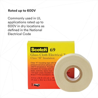 3M Glass Cloth Electrical Tape 69, 3/4 in x 36 yd (108 ft), 1 Roll - size: 3/4 in x 36 yd
