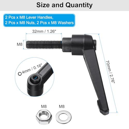 uxcell 2pcs Lever Adjustable Handles M8 x 32mm Metric Male Thread with Nuts Washers, Level Clamping Handle Set Hand Stud Knobs Rotating Screw Handles Bolts with Locking Lever, Black - size: M8 x 32mm