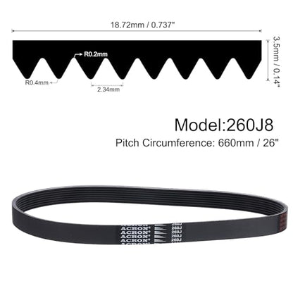 uxcell 260J8 PJ V-Ribbed Belt 8 Ribs 26" L x 0.74" W x 0.14" H, (EPDM) - size: 260J8