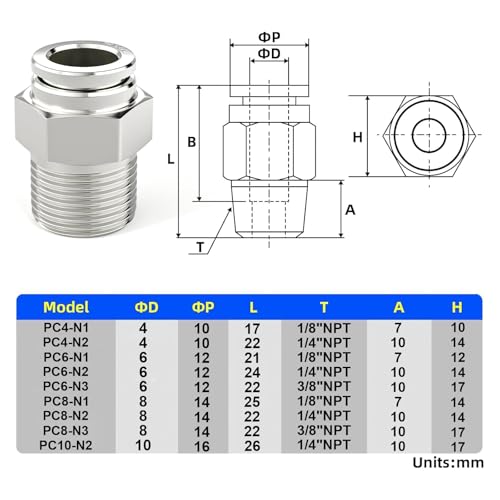 TAILONZ 304 Stainless Steel 6mm x 3/8" NPT Push to Connect Straight 2Pcs - size: 6mm OD 3/8''NPT