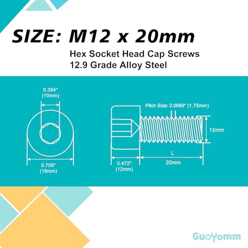 M12-1.75 x 20mm 6pcs Hex Socket Head Cap Screws Bolts, 12.9 Grade Alloy Steel, Black Oxide Finish, Metric Allen Drive, Full Thread - size: M12x20mm(6PCS)