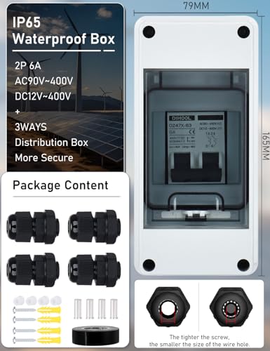 DIHOOL AC DC Circuit Breaker with IP65 Din Box for Solar Systems, 6 Amp 2 Pole 12V-400V, Non Polarized, Solar Panel Disconnect Switch, PV Array Shut Off Isolator - color: 6 Amp UV-Proof