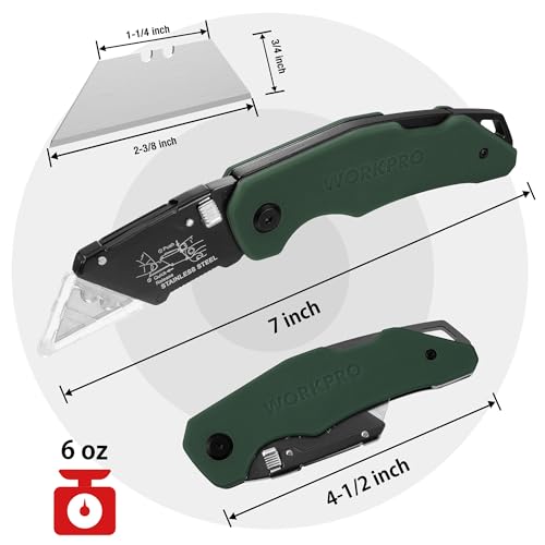 WORKPRO Folding Utility Knife G10 Handle with Stainless Steel Head, Quick-change Blade & Back Lock, Heavy Duty Box Cutter, 1PC Razor Knife with Extra 10PC SK5 Blades - color: Green G10