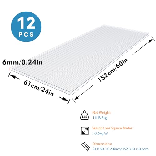 12 PCS Polycarbonate Greenhouse Panels, 60''X 24''X 0.24'' Twin-Wall Roof Panels Sheets, Waterproof UV Protected Plastic Roof Sheeting for Greenhouse Covering - size: 5' X 2' X 0.24" 12Pack
