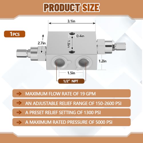 Threlaco 1 Pcs 1/2” NPT Dual Crossover Hydraulic Pressure Relief Valve - size: 1/2”