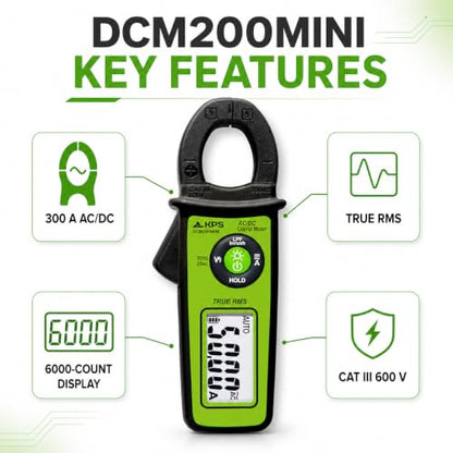 KPS DCM200MINI True RMS Clamp Meter, 300A AC/DC, NCV, 6000-Count Display