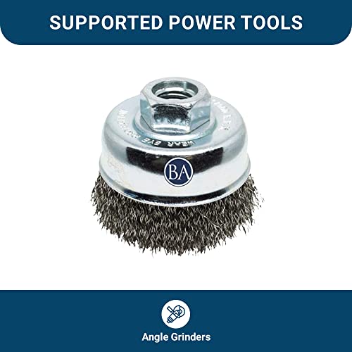 Benchmark Abrasives 2-3/4" Mounted Crimped Wire Cup Brush for Narrow Holes Derusting Paint Removal Deburring, Wire End Brush for Angle Pneumatic Grinder - (Stainless Steel) - size: 2-3/4" Crimped Wire, style: Stainless