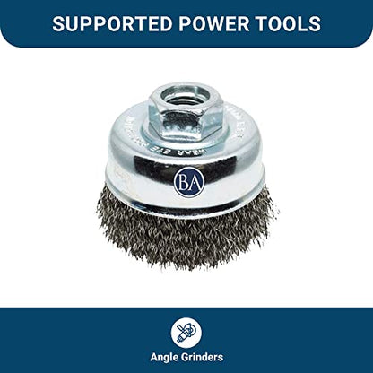 Benchmark Abrasives 2-3/4" Mounted Crimped Wire Cup Brush for Narrow Holes Derusting Paint Removal Deburring, Wire End Brush for Angle Pneumatic Grinder - (Stainless Steel) - size: 2-3/4" Crimped Wire, style: Stainless