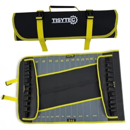 4-in-1 Wrench and Socket Tool Roll Bag – 52-Pocket Heavy Duty Organizer for SAE & Metric Sets (1/2" Dr. Sockets) – Mobile Mechanic and Fleet Maintenance Tool Wrap Pouch (Industrial Yellow) - color: Yellow