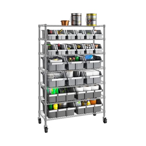 7-Tier NSF 22-Bin Steel Wire Shelving Rack, 36"W x 14"D x 56"H, Gray - color: Gray, size: 22 Bin