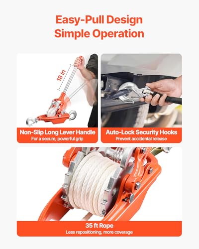 VEVOR Rope Puller, 6614 lbs Pulling Capacity, Heavy Duty Ratchet Power Puller Tool with 35 ft of 0.3 in Diameter Rope & 2 Hooks, Come Along Winch for Tree Felling, Moving Boats, Road Recovery - size: 3 Ton