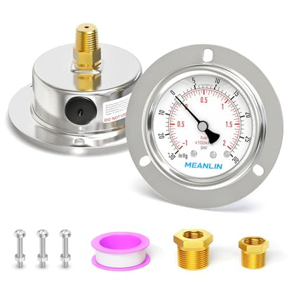MEANLIN MEASURE -30inHG~30Psi Liquid Filled Pressure Gauge Front Flange Panel Mount, 1/4" NPT 2.5" FACE DIAL Stainless Steel Case with Phillips Screw, Nut and Brass Hex Bushing, +/-3-2-3% - style: ~30~30Psi
