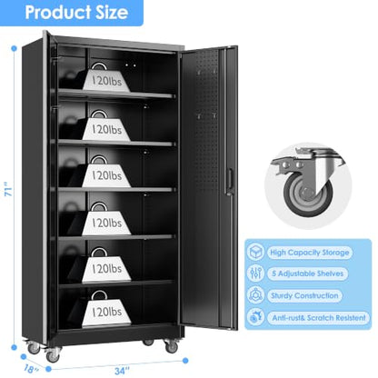 Aobabo Black Metal Garage Storage Cabinet with Wheels, 34"W x 18"D x 71"H - color: Black, size: 18"D x 34"W x 71"H