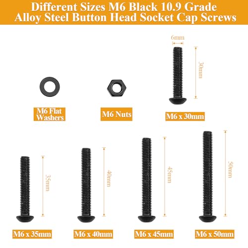 M6 Screws, Nuts & Washers Set - 65 Pieces, 30/35/40/45/50mm, Black, 10.9 Grade Alloy Steel, Fully Threaded - size: M6 Long Screws Kit, style: Button Head