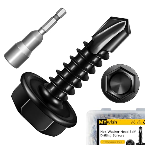 Mywish 100pcs #8 x 5/8" Self Drilling Screws for Metal, 410 Stainless Steel Hex Washer Head Self Drilling Screws, Black Oxided Self Tapping Sheet Metal Tek Screw Fast Tapping - size: #8x5/8"(100pcs)