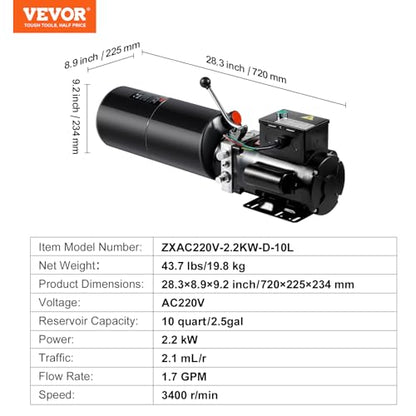 VEVOR Hydraulic Power Unit 220V 10 Quart Car Lift 3HP Hydraulic Pump Power Unit Car Lift Single Phase Hydraulic Pumps with 10L Steel Tank Car Lifts Hydraulic Power Unit for Auto Repair Single Phase - size: 10 Quart
