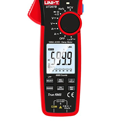 UNI-T Digital Clamp Meter UT207B Inrush Current AC/DC 1000A True RMS HVAC Volt Amp Ohm Meter Clamp On Multimeter Auto Ranging 6000 Counts, Frequency AC DC Voltage LPF ACV Capacitance Duty Cycle Tester - size: UT207B
