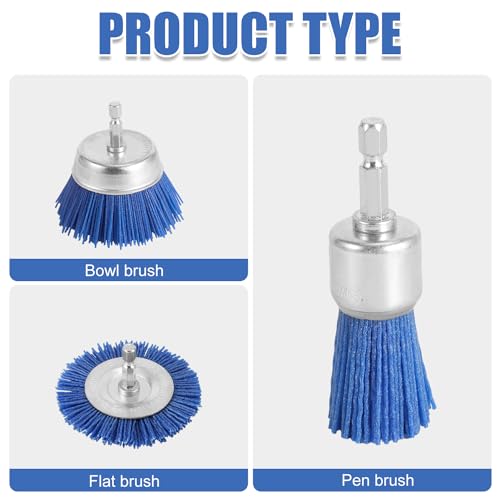 NQEUEPN 9pcs Nylon Wire Wheel & Cup Brush Set for Drill, 3 Sizes Abrasive Brush with 1/4in Hex Shank for Cleaning Sanding Drill Scrub Brush Attachment Remove Paint 80/100/240 Grit, Blue