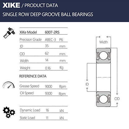 XIKE 6007-2RS Sealed Deep Groove Ball Bearings, 35x62x14 mm, 10-Pack - size: 6007-2RS - 35x62x14 mm