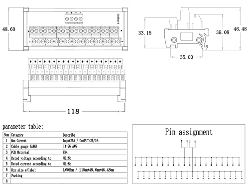 2 in 20 Out 25A DIN Rail Terminal Blocks Distribution Breakout - style: 2 IN 20 OUT