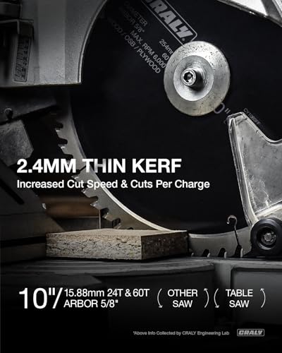 CRALY 10 Inch 24&60 Teeth General Purpose/Fine Finish Wood Cutting Circular Saw Blade, 5/8 Inch Arbor, for Table Saw & Miter Saw, Carbide Tipped, Thin Kerf, for Cutting Plywood, MDF, OSB, Laminated - size: 10'', 5/8'' arbor, 24&60T
