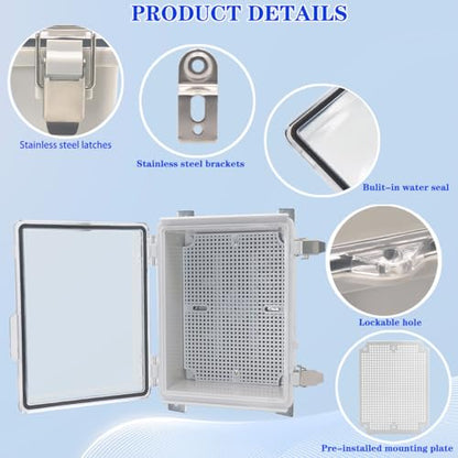 Waterproof Electrical Box with Mounting Plate, IP67 Junction Box Stainless Steel Latch Hinged Clear Cover Project Enclosure with Wall Bracket and 2 Glands 8.3" x 6.3" x 3.9" - color: Clear, size: 8.3" x 6.3" x 3.9"