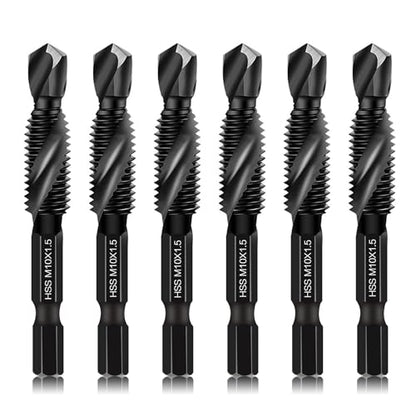 DKIBBITH 6 Packs M10 Combination Drill & Taps Bit Set, Screw Tapping Threading Tools in Size M10*1.5 with Anti-Rust Black Coating, 1/4" Hex Shank and Storage Case - size: M10x1.5