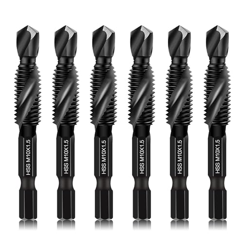 DKIBBITH 6 Packs M10 Combination Drill & Taps Bit Set, Screw Tapping Threading Tools in Size M10*1.5 with Anti-Rust Black Coating, 1/4" Hex Shank and Storage Case - size: M10x1.5